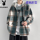 Playboy hooded men's shirt long-sleeved spring and autumn new thickened loose trendy casual plaid shirt jacket for men J25858 black plaid XL recommended 130-145Jin Jin equals 0.5 kg