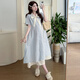 
Ranqi's mother's summer clothing Korean version 2025 summer maternity clothing single-breasted lace spliced bow fake two-piece dress blue L