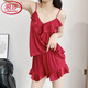 LangSha Light Luxury Pajamas Feminine Summer Thin Ice Silk Student Suspender Shorts Two-piece Set Feeling Home Clothes Burgundy XL 120-140Jin Jin is equal to 0.5 kg