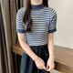 RWNNVI条纹薄款针织衫女2025新款夏季复古港味半高领短袖T恤别致上衣潮 13063黑条 均码 (70-125斤可穿)