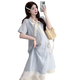 
Ranqi's mother's summer clothing Korean version 2025 summer maternity clothing single-breasted lace spliced bow fake two-piece dress blue L