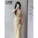 DanZhuNa purple new Chinese dress 2025 summer new women's clothing girl's young improved temperament cheongsam long skirt 9764 yellow cheongsam (no accessories) L