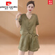 Pierre cardin cotton and linen set for women summer 2025 new European products casual, fashionable and fashionable loose shorts shorts two-piece set mustard green 2XL [recommended 125-140Jin [Jin equals 0.5 kg]]