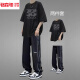 Luosenchi (Luosenchi) Jugendsport-Set Herren Sommer Pure Cotton Kurzärmel-Herrenmode 2025 Neue modische hübsche Hochschule Sommeranzug [zweiteiliger Set] 1048 reines Baumwoll-T-Shirt Grey + Hose Black S