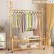 Wooden multifunctional clothes hanger floor-standing bedroom coat rack living room balcony single pole clothes drying mobile storage storage hanger 120cm light luxury gold double-layer mesh basket + 6 hooks + wheels