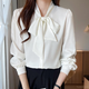 Wanmando European French White Shirt Frauen langärmelige Bogen Chiffon Top Spring und Herbst neutemperament Streamer Basishemd Weiß 9276 S _80-95jin [Jin ist 0,5 kg]