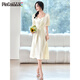 
PinCai Dress for women, gentle girls first love skirt, light luxury pearl chain dress, slim short-sleeved dress P52Q063