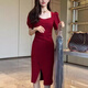 
ZIPJBX Korean version of square collar puff sleeve dress mid-length slit design hip-pack skirt 2025 summer new product Black #1048 2XL