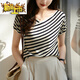 First-diameter French striped short-sleeved T-shirt for women in summer new style loose slim v-neck thin knitted sweater ice silk top DX829# striped color S recommended 85-99Jin [Jin equals 0.5 kg]