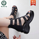 Specht 2025 Sommer Neue Lederferse Sandalen für Frauen High Heels wasserdichte Plattform Schwamm Kuchen Fisch Mund Schuhe High Top Römische Sandalen für Frauen schwarz 35