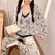 Ziwei Qifeng bow suspender pajamas for women with chest pad three-piece collar cardigan jacket long-sleeved home clothing set 13803 black three-piece set with chest pad 185 XXL recommendation 140-155