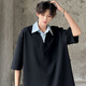 
Digada fake two-piece short-sleeved T-shirt men's Korean summer trendy brand niche design lapel striped loose casual top JHP-1301 gray XL