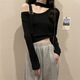 Rongxitu (Rongxitu) Nischen-Frauen-One-Shoulder-Strick-Top-Kurzkoranversion 2025 11303 Schwarz One Size (70-125jin [Jin Equals gonstrichs 0,5 kg] kann getragen werden)