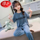 浪莎夏季儿童短袖睡衣女童2025新款小女孩薄款空调服中大童休闲家居服 695果绿色短袖字母后背猫 120cm 均码