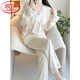 LangSha Light Luxury Pure Desire Lace Collar Sexy Pajamas Women's Spring and Autumn Ice Silk Long Sleeve Suit New Year's Home Clothing Champagne Apricot Double Length