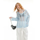 
UNIFREE large V neck thin long-sleeved sweater ripped hollow personalized sun protection loose blouse L