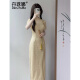 DanZhuNa purple new Chinese dress 2025 summer new women's clothing girl's young improved temperament cheongsam long skirt 9764 yellow cheongsam (no accessories) L