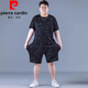 皮尔卡丹（pierre cardin）冰丝运动套装男夏季大码薄款男士速干五分裤胖子加肥加大宽松短袖 PZ830黑色 高质量冰丝套装 6XL 建议225250斤