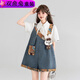 
Pisces Rabbit (SHUAGNYUTU) Girls Summer Denim Strap Shorts Set Trendy Summer Big Children's Fashionable Pants Denim Blue [Overall 160