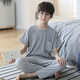 EMBERLOVE儿童睡衣男孩家居服男童青少年夏季薄款大童春秋纯棉短袖长裤套装 N淡蓝细条纹【短长】 130 【14码125-135cm 45-55斤】
