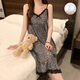 Single Nanwei nightgown with chest pad in summer sexy suspender retro lace feel can be worn outside pajamas for women's dresses home clothes 702# nightgown ink painting in Chinese style XL (115-130)