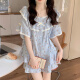 Caiyun Kali Pyjamas für Frauen 2025 Sommer neuer Frühlings- und Herbstblumen-Strickjacken süßes Mädchen Kurzärärmelte Sommerhausanzug M1283 Blau [Hauptbild] M [80-100jin [Jin gleich 0,5 kg] tragen]