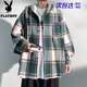 Playboy hooded men's shirt long-sleeved spring and autumn new thickened loose trendy casual plaid shirt jacket for men J25858 black plaid XL recommended 130-145Jin Jin equals 0.5 kg