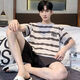 
Caiyun Kali pajamas men's 2025 summer short-sleeved shorts cartoon casual loose home clothes young people can wear thin suits outside 6627 blue letters M student [90-115Jin[Jin equals 0.5 kg]]