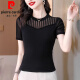Pierre cardin mesh base shirt for women short-sleeved T-shirt for women 2025 new summer black mother l mother dress shirt slim lace top black (short-sleeved style) 1390# 2XL