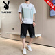 Playboy brand men's short-sleeved T-shirt in summer new trendy round neck ice silk fashion sports suit loose versatile shorts 22022+2099 black M