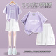 OVE costume d'été pour filles 2025 nouveau style short à manches courtes à la mode ensemble deux pièces pour grandes filles, enfants d'été et filles 9928 violet + 18442 costume blanc 140 140 cm