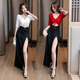 Buxi Kaiden Nachtclub sexy Kleid niedrig geschnittenes Temperament KTV Abendkleid Langes Fußbad Sauna Techniker Fußbad Arbeit Kleidung N 3882 Schwarz 2xl