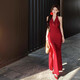 Glühen-in-the-Gloss-Nackenkleid für Frauen im Sommer schlanker Kleid für Frauen, reine hüftrüttende und geschlitzte Hüftrock, sexy V-Neck-Rock, halber Hüftrock [rot L] 110-120jin [Jin gleich 0,5 kg]