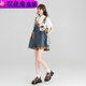 
Pisces Rabbit (SHUAGNYUTU) Girls Summer Denim Strap Shorts Set Trendy Summer Big Children's Fashionable Pants Denim Blue [Overall 160