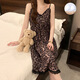 Single Nanwei nightgown with chest pad in summer sexy suspender retro lace feel can be worn outside pajamas for women's dresses home clothes 702# nightgown ink painting in Chinese style XL (115-130)
