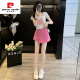 皮尔卡丹（pierre cardin）粉色排扣装饰休闲牛仔短裤女高腰显瘦假两件包臀裤裙短上衣两件套 7029白色上衣+7028玫红牛仔裙 S