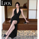 Vestido sexy LPOX con un vestido de cuello halter de hendidura para mujeres, vestido pequeño de gama alta de Xia Hepburn Slim Sexy Long Black L [105-115Jin [Jin equivale a 0.5 kg]]]