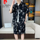 
Pierre cardin ice silk short-sleeved shirt suit men's summer casual cool quick-drying floral shirt with beach shorts two-piece set 679 black suit M 90-110Jin [Jin equals 0.5 kg]