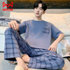 Catman (MiiOW) men's pajamas summer pure cotton short-sleeved trousers pullover large size thin simple and high-end home clothing set OM13077 L