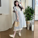 
Ranqi's mother's summer clothing Korean version 2025 summer maternity clothing single-breasted lace spliced bow fake two-piece dress blue L