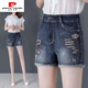 Pierre cardin high waist denim shorts for women 2025 summer new thin curly edge slim straight slim straight embroidered elastic hot pants Black 5008 [good elastic fabric] 31 Recommended 130-140Jin [Jin equals 0.5 kg]