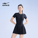 
ERKE swimsuit women's short-sleeved body dress hot spring conservative slim belly covering and slim sun protection beach gray black 2XL