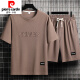 皮尔卡丹（pierre cardin）夏季男士运动套装短袖T恤上衣宽松大码短袖短袖休闲套装帅气搭配 套装829卡其 M 建议穿90-110斤