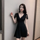 Yi Jingxuan (YIJINGXUAN) 2025 nightclub dress temperament short skirt low-cut V-neck covering belly slimming work clothes store sexy lace splicing black L 100-110Jin [Jin equals 0.5 kg]