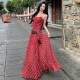 Con el temperamento casual del estilo europeo y de la Diosa M, la cintura es delgada de suspensor a cuadros rojo y empalmado para mujeres estilo Hong Kong Vestido de cintura alta 9734 Vestido a cuadros rojos S