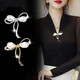 Bow Brooch for Women's Neck Anti-Exposed Pin Fixed Clothes Scarf Sweater Cardigan Accessories Three Beads Gold

