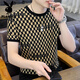 花花公子（PLAYBOY）夏季冰丝短袖t恤男士圆领潮牌高端格子休闲烫钻半袖体恤衫男薄款T 698黑色 4XL