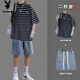 Playboy Striped Kurzärmeranzug Herren Sommer lässig und gutaussehende Kleidung mit trendigen T-Shirt-Denim-Shorts zweiteiler Set 9226 Black + 147 Denim Shorts Black Grey S