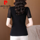 Pierre cardin mesh base shirt for women short-sleeved T-shirt for women 2025 new summer black mother l mother dress shirt slim lace top black (short-sleeved style) 1390# 2XL