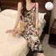 Single Nanwei nightgown with chest pad in summer sexy suspender retro lace feel can be worn outside pajamas for women's dresses home clothes 702# nightgown ink painting in Chinese style XL (115-130)